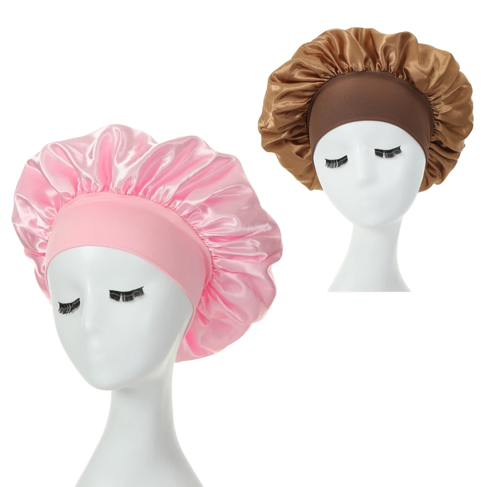 2PCS Milk Imitation Silk Wide Brim Satin Cloth Women's Hair Hat Bonnet Elastic Band Headwear bonnets for women - Image 9