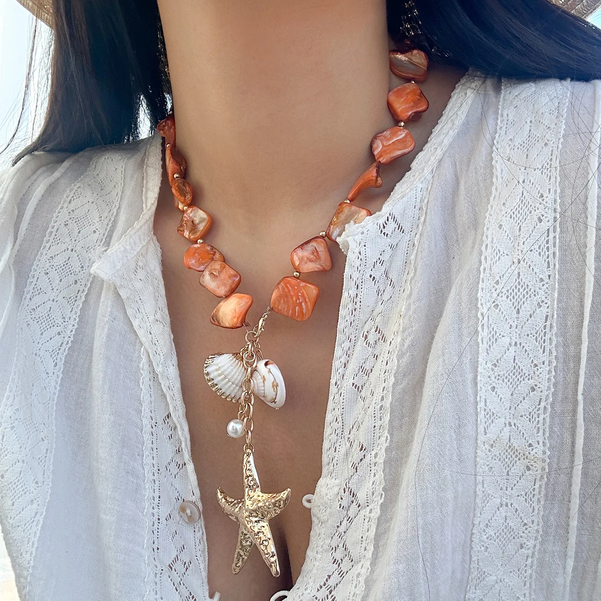 Retro Starfish White Shell Conch Pendant Necklace Women 2024 Simple Creative Colorful Stones Hand Woven beach Jewelry Girls - Image 30