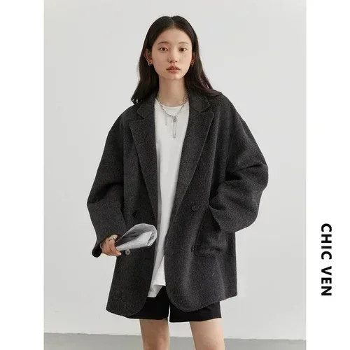 CHIC VEN Women's Woolen Coats Loose Casual Double Breasted Retro Double-sided Jacket Office Lady Outerwear Autumn Winter 2023 - Image 10