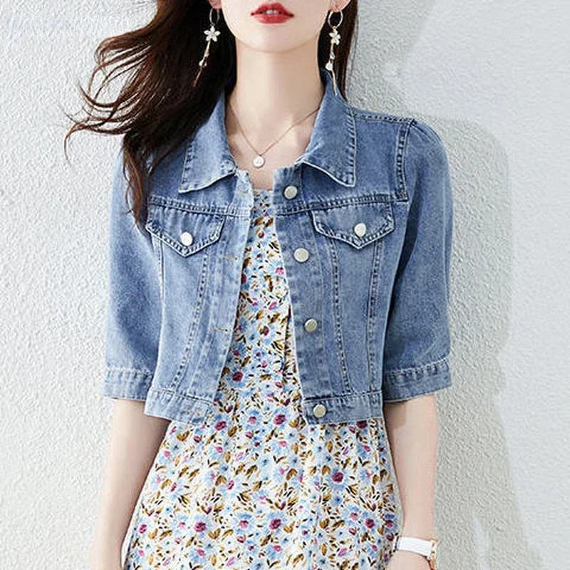 Vintage Crops Trendy Turn Down Collar Jackets Women Basic Solid Outwear Half Sleeve Denim Fit Harajuku Street Denim Jacket Women - Image 4