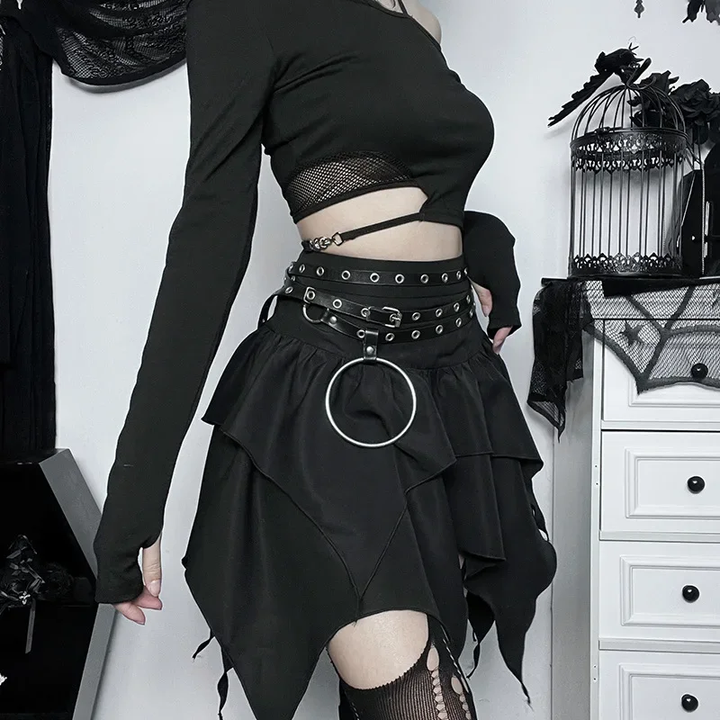 New Sexy Women Gothic Punk Irregular Skirts Solid Color Drawstring Tie-Up Ruched Ruffles Mini Skirt Summer Fashion Short Skirts - Image 4
