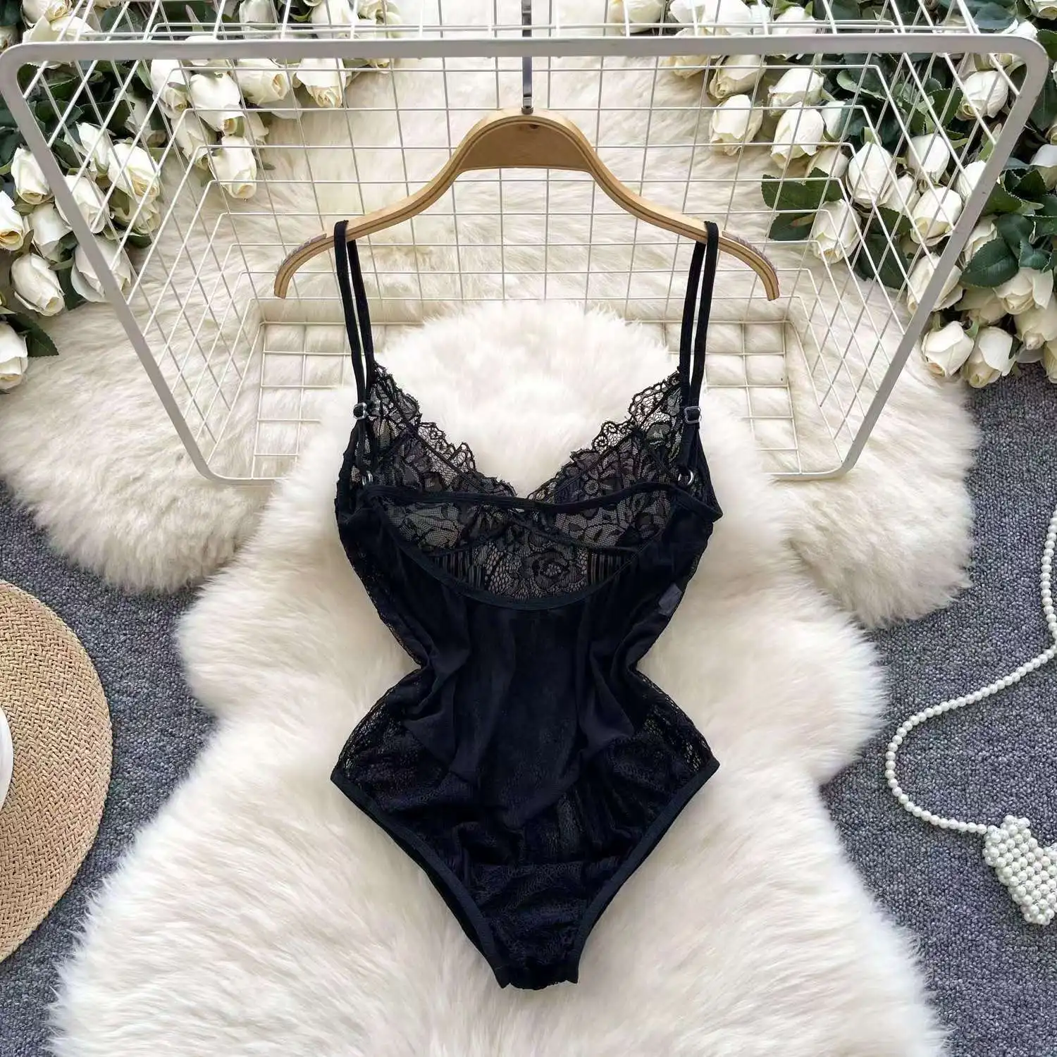 Women' Sexy Lace Camisole Slim Solid Color Sleeveless Bodysuit Erotic Lingerie V-Neck Ultra-Thin Pajamas Hollow Sheer Playsuit - Image 2