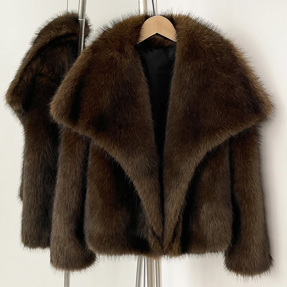 Winter Clothes New Fashion Gradient Fluffy Fur Coat Women High Street Luxury Big Fur Collar Faux Fox Fur Jacket Female Overcoats
