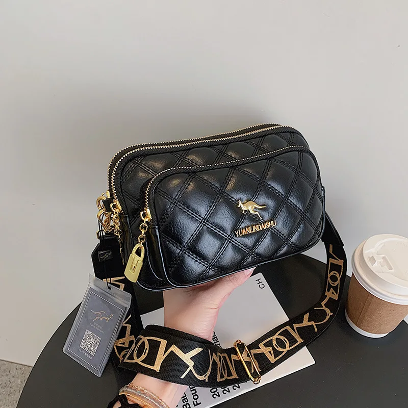 Argyle Pattern Simple Shoulder Bag, Multiple Pockets Crossbody Bags, Zipper Closure Women Leather Bag, Designer Bag, Purses