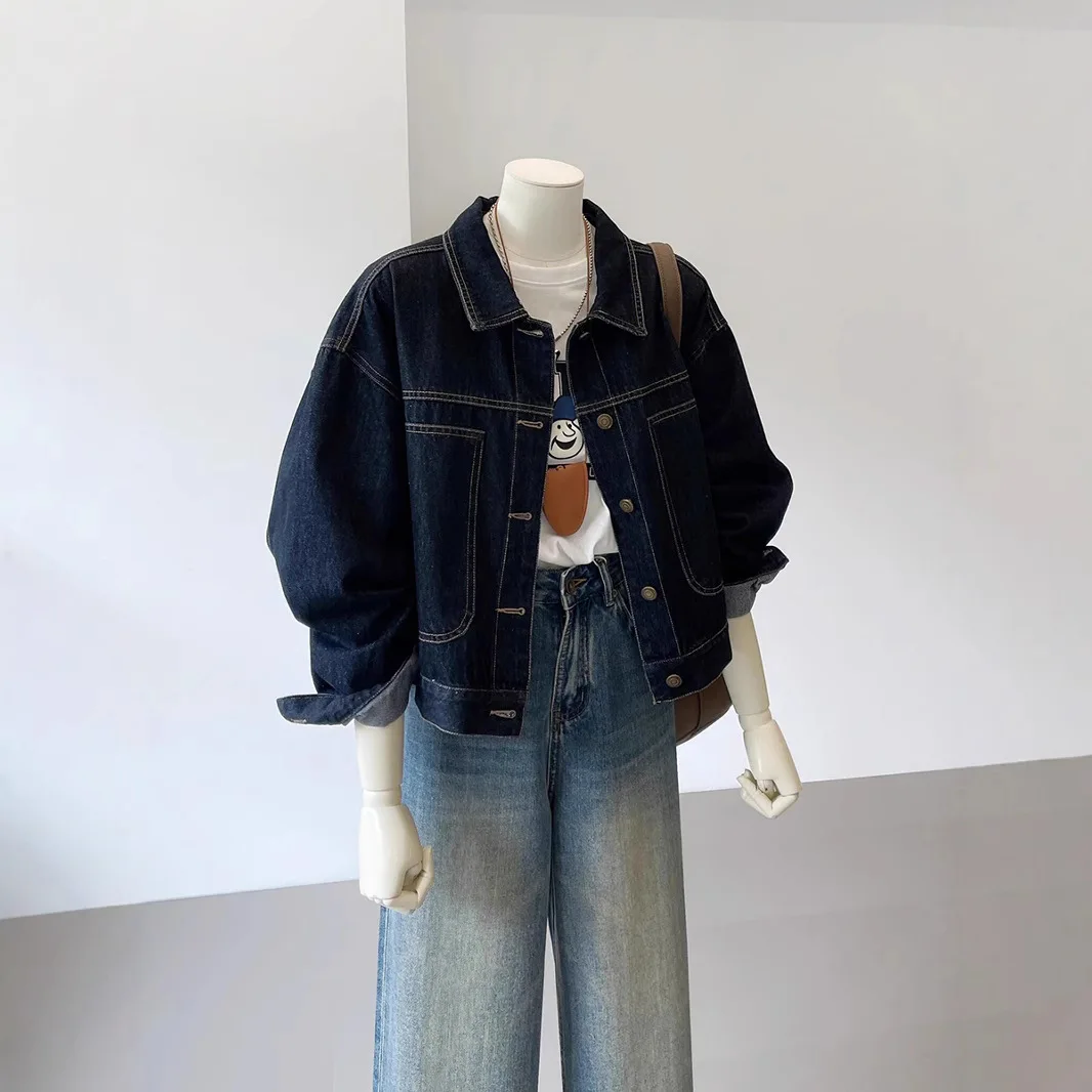 Navy Blue Short Denim Jacket Female Work Style Spring and Fall New Korean Version of the Casual Pocket Design Sense Thin Blouse - Image 6