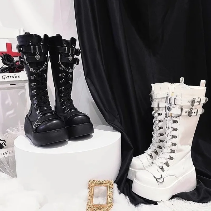 Platform Boots Riveted Buckle Wedges High Women's Boots Punk Spice Chic Biker Rider Boots - Image 2