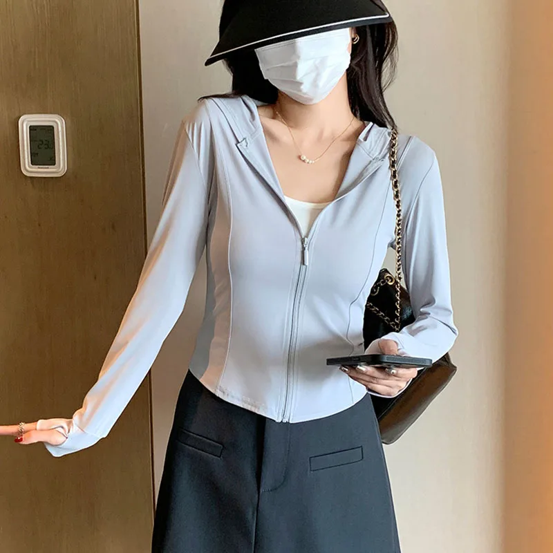 Summer Cool Ice Silk Sun Protection Clothing Women Outdoor Sports Hoodies Uv Protective Coat Female slim Breathable Crop Tops - Image 6