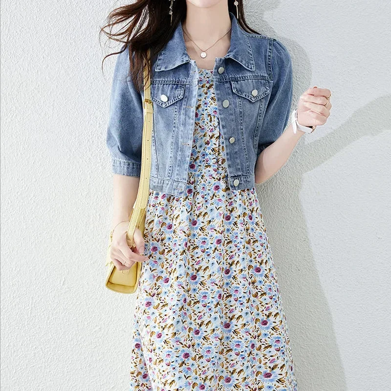 Vintage Crops Trendy Turn Down Collar Jackets Women Basic Solid Outwear Half Sleeve Denim Fit Harajuku Street Denim Jacket Women - Image 6
