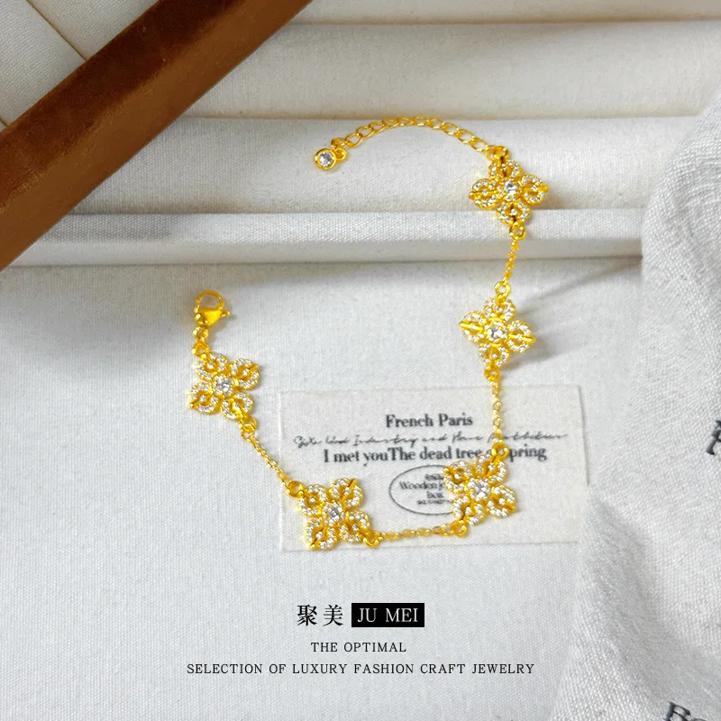 9999 24K real gold new Chinese style full diamond five-flower cross vajra bracelet women four-leaf clover bracelet - Image 4