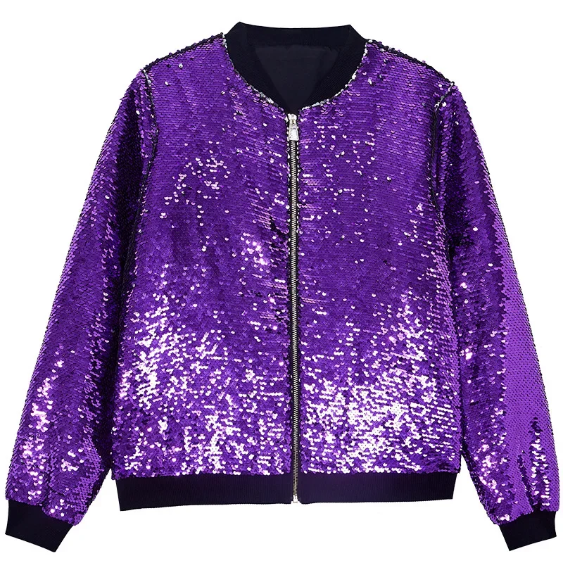 2025 New Europe and USA Party Flip Color Sequined Jackets for Women, Fashion Casual Shiny Loose Concert Hooded Baseball Jackets - Image 23