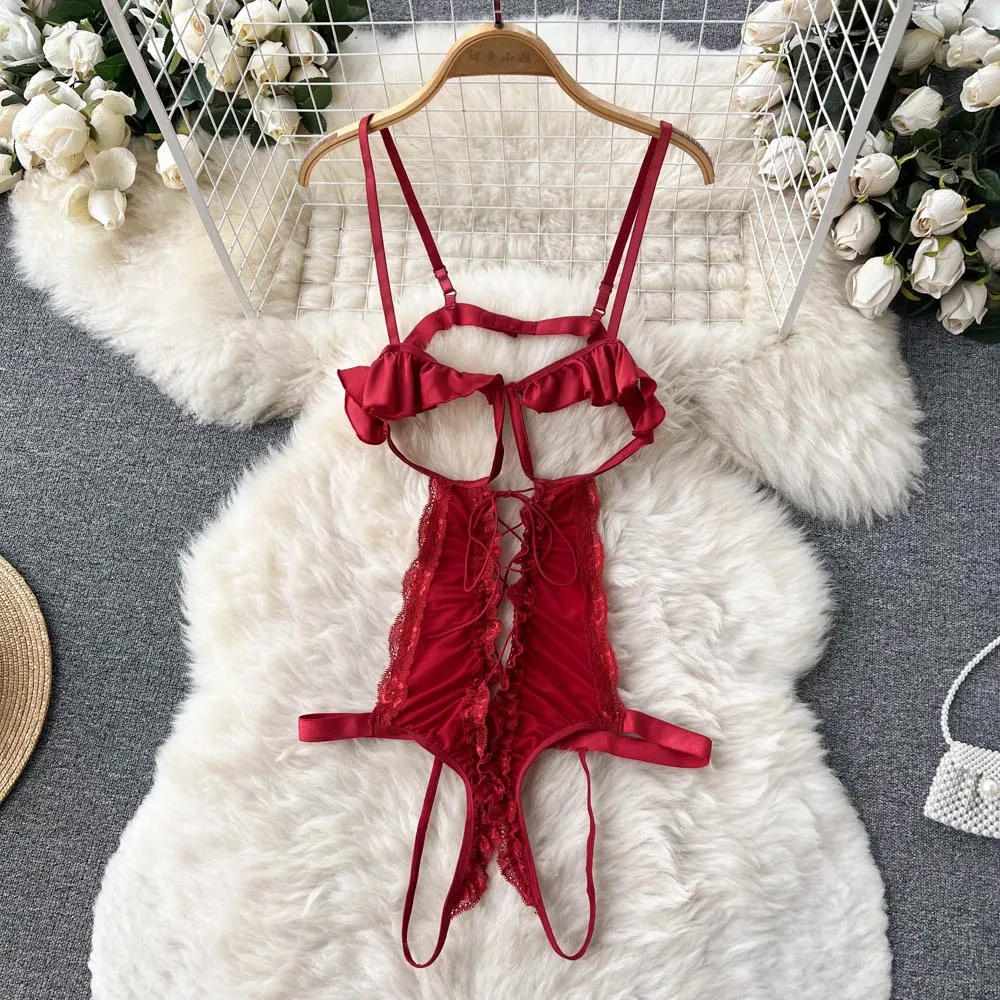 Women' Sexy Lace Camisole Slim Solid Color Sleeveless Bodysuit Erotic Lingerie V-Neck Ultra-Thin Pajamas Hollow Sheer Playsuit - Image 60