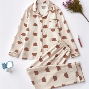 Cozy Bear Print Pajama Set for Women - Long Sleeve, Button-Up Lapel Top & Elastic Waist Pants, Machine Washable, for Autumn