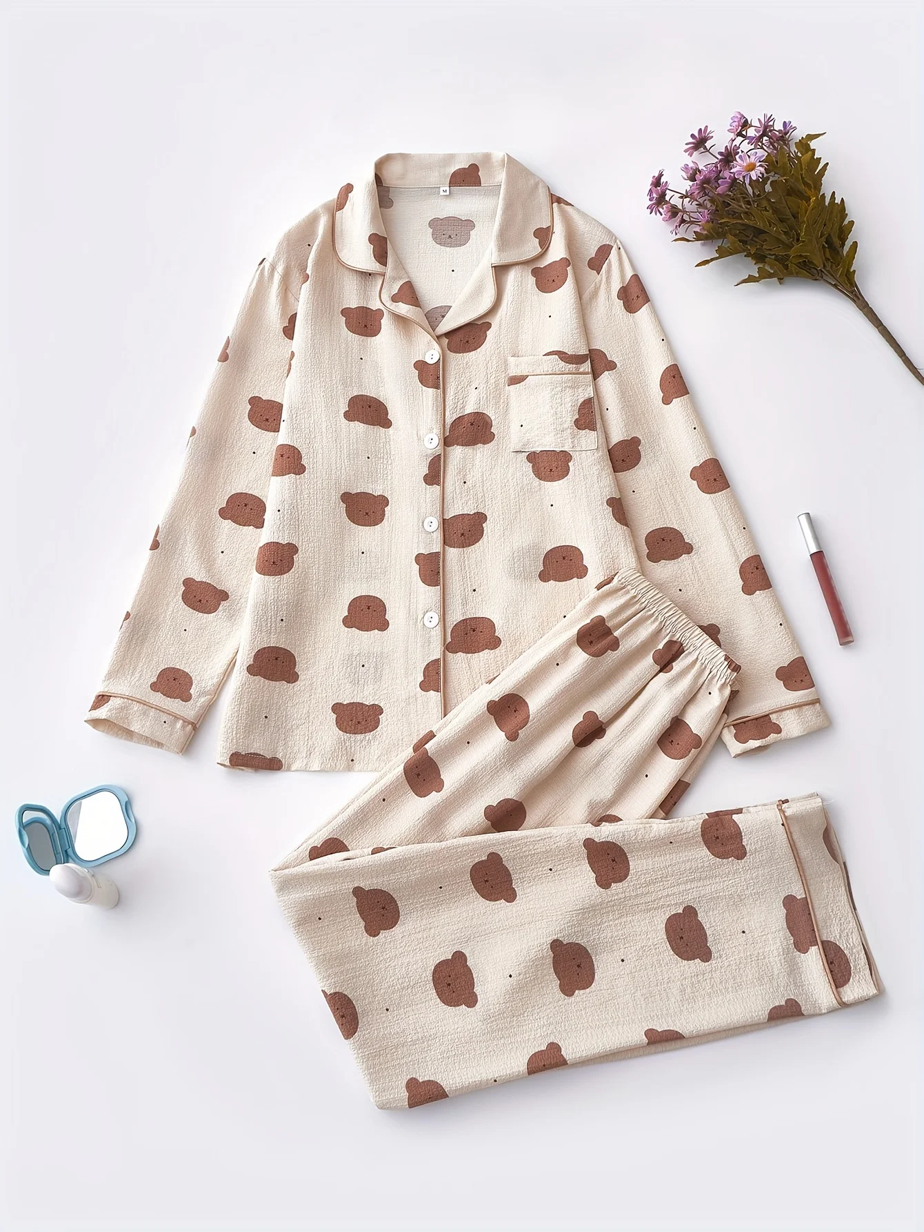 Cozy Bear Print Pajama Set for Women - Long Sleeve, Button-Up Lapel Top & Elastic Waist Pants, Machine Washable, for Autumn
