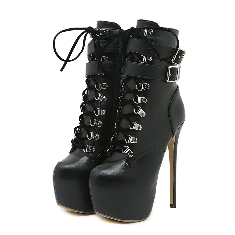 Liyke Sexy Buckle Strap 16.5 CM Extreme High Heels Platform Boots For Women Round Toe Cross Lace Up Party Club Stripper Shoes - Image 4