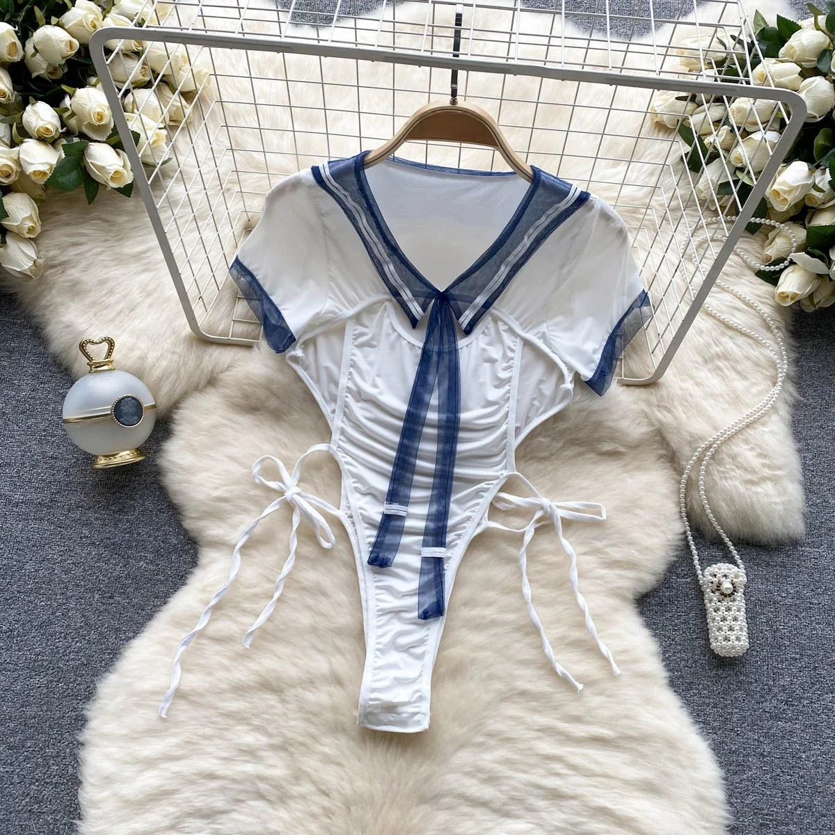 Women' Sexy Lace Camisole Slim Solid Color Sleeveless Bodysuit Erotic Lingerie V-Neck Ultra-Thin Pajamas Hollow Sheer Playsuit - Image 36