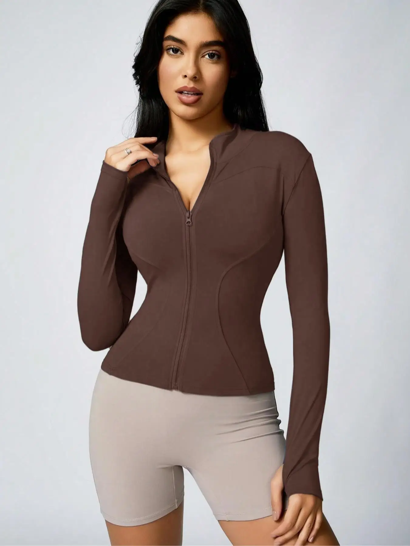 Women's Solid Color Zipper Turtleneck Sports Jacket, Long-Sleeved Sports Top, Gym Wear, Ladies' Sportswear for Indoor and Outdoo - Image 12