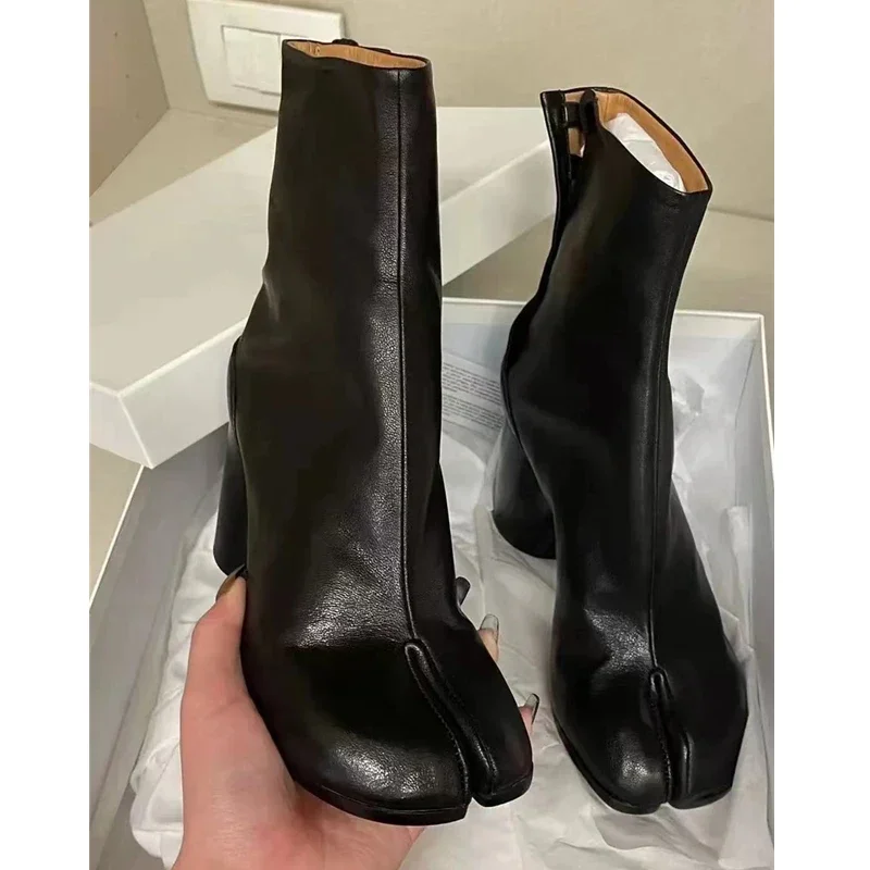 2024 Autumn Winter Soft Leather Split toe Tabi Women Ankle Boots Fashion Thick High heels Chunky Shoes Ins Style Short Booties - Image 7