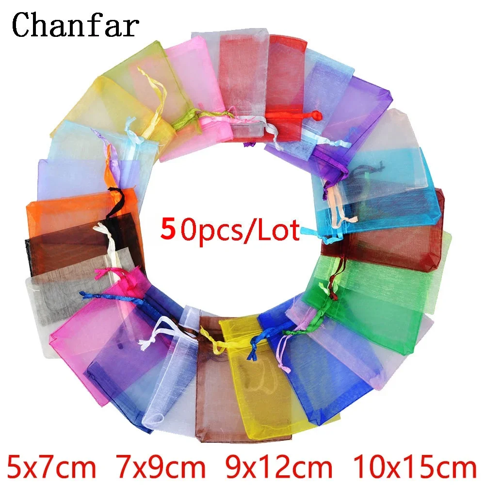 50pcs 24 Colors Jewelry Bag 5*7 7*9 9*12 10*15cm Wedding Gift Organza bag Jewelry Packaging Display & Jewelry Pouches