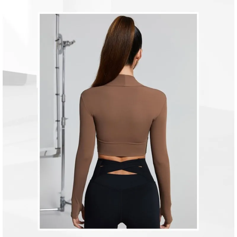 Autumn Winter New Nude Sports Top With Chest Pad Women Long Sleeve Fast Drying Fitness Tight Fake Two Pcs Gym Running Yoga Shirt - Image 4