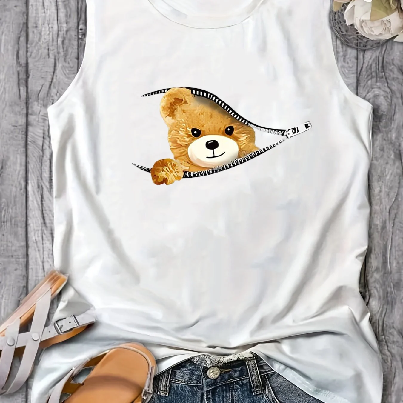 Women's Summer Bear cartoon Print Large Casual Round Neck Sleeveless Loose Tank Top T-shirt Tank Top T-shirt - Image 7