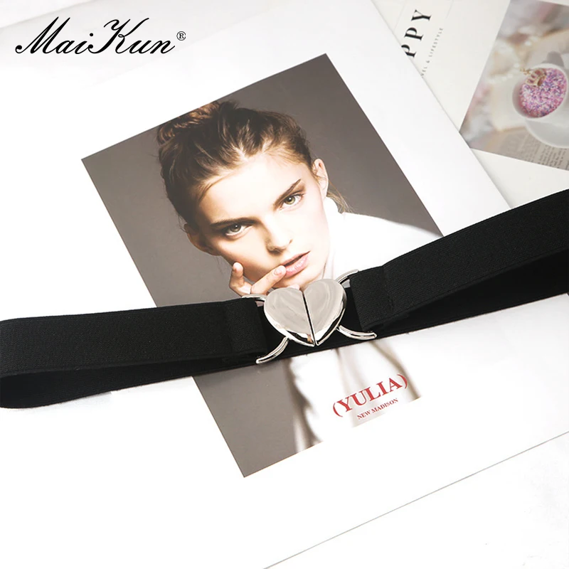 Maikun Silver Heart Buckle Thin Waistband Women Solid Colour Hundred Elastic Narrow Belt Waist Cinching Black - Image 3