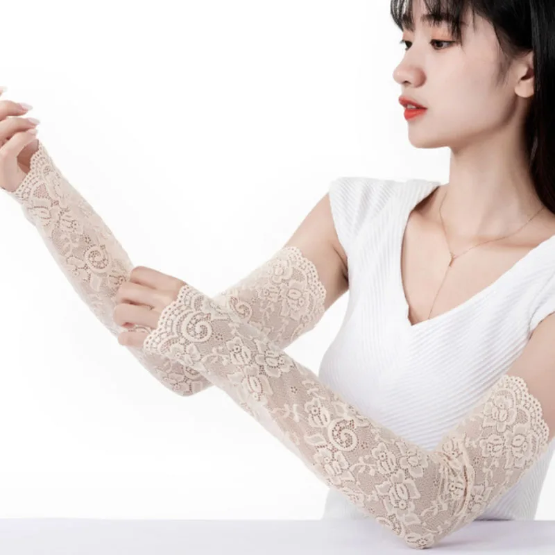 1Pair Sexy Lace Flowers Sunscreen Arm Sleeve for Women Summer Driving UV Protection Gloves Elegant Long Fingerless Arm Sleeve - Image 2