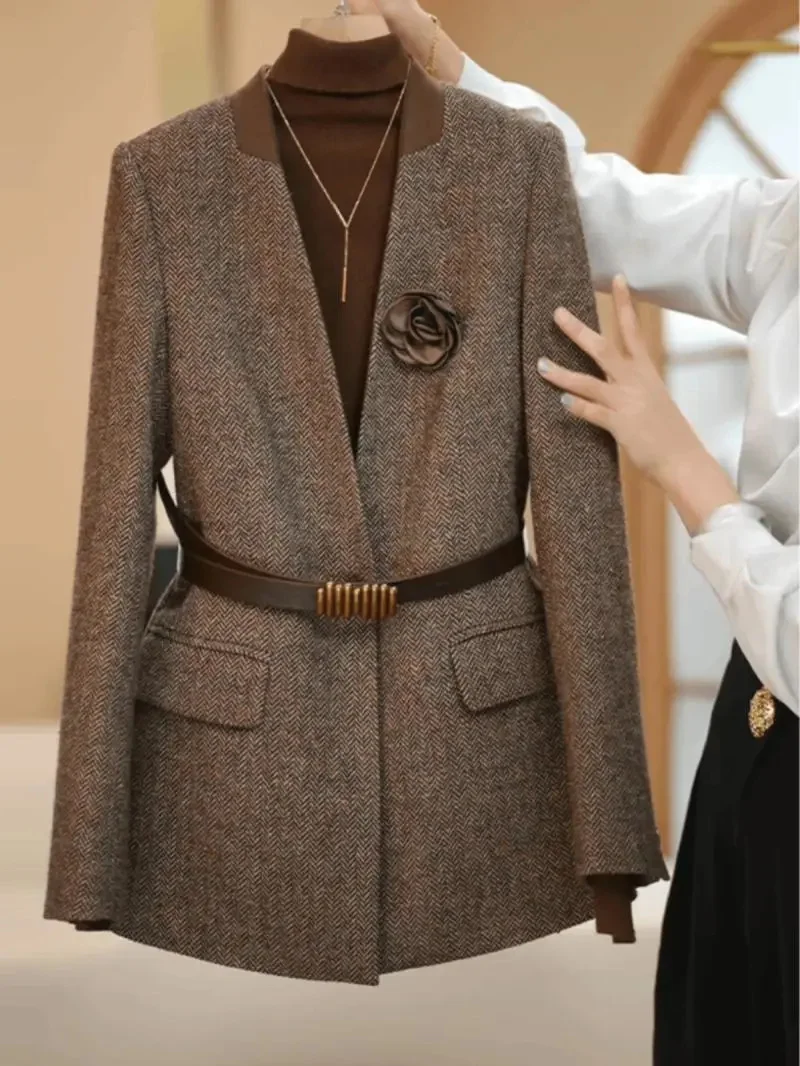 Plus Size 4XL High Quality Coffee colored Suit Jacket For Women Spring Outwear Fashion Simple Wool Coat Autumn Blazer With Belt - Image 4