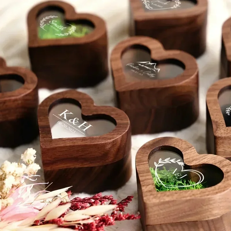 1PCS Free Engraving Custom Love Heart Shaped Walnut Wood Ring Box for Wedding Ceremony Jewelry Box Storage Proposal Wedding Gift - Image 3
