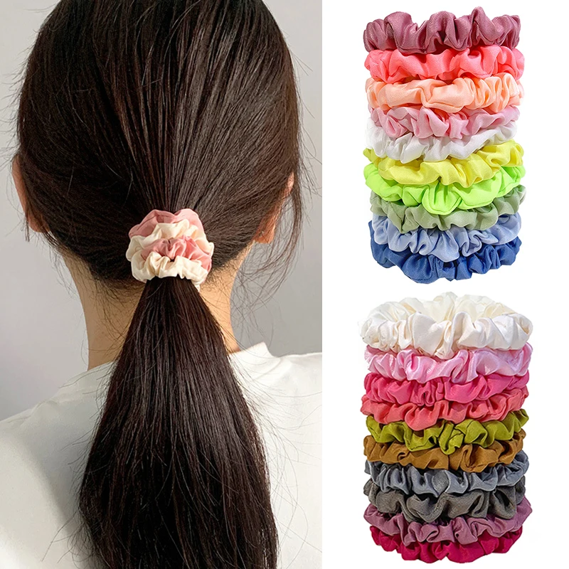 10-Piece Women's Pure Color Satin Large Scrunchie Daily Simple Rubber Hair Bands Set Skinny Ponytail Holder Hair Accessories - Image 5