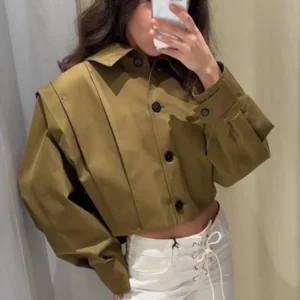 Street Loose Women's Coat Lapel Single Breasted Long Sleeve Green Female Jackets 2025 Spring Summer Fashion Lady Crop Outwear