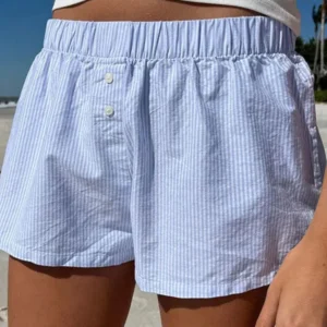 Striped Print Casual Shorts for Women Elastic Waist Fashion Button Bottoms Streetwear Chic Basic Y2K Loose Shorts