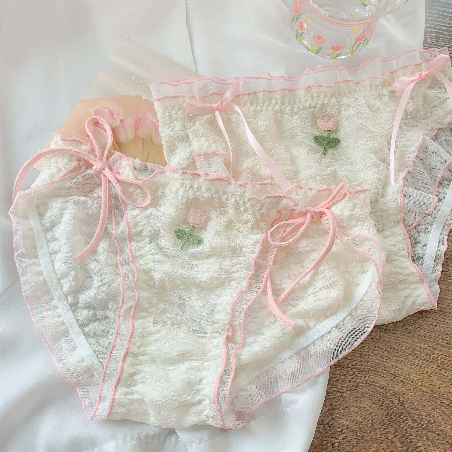 Japanese Sweet Mesh Lace Lace Bow 2024 New Sexy Mid Waist Comfortable and Breathable Fashion Triangle Short Pants WOMEN Panties