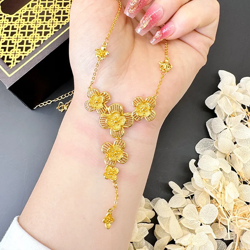 Luxury 24K 9999 Pure Gold real gold Women's Plum Blossom Snow Hollow Flower Tassel Necklace - Image 3