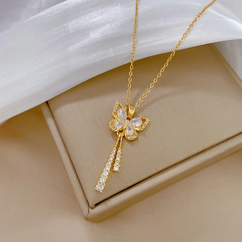Exquisite Micro Inlaid Zircon Butterfly Tassel Necklace For Women Stainless Steel Moon Butterfly Flower Clavicle Choker Jewelry - Image 2