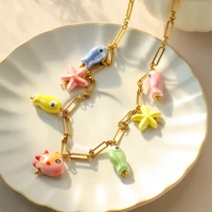Fashion Stainless Steel Ceramic Starfish Fish Necklace for Women Girls Summer Beach Party Waterproof Popular Cute Jewelry