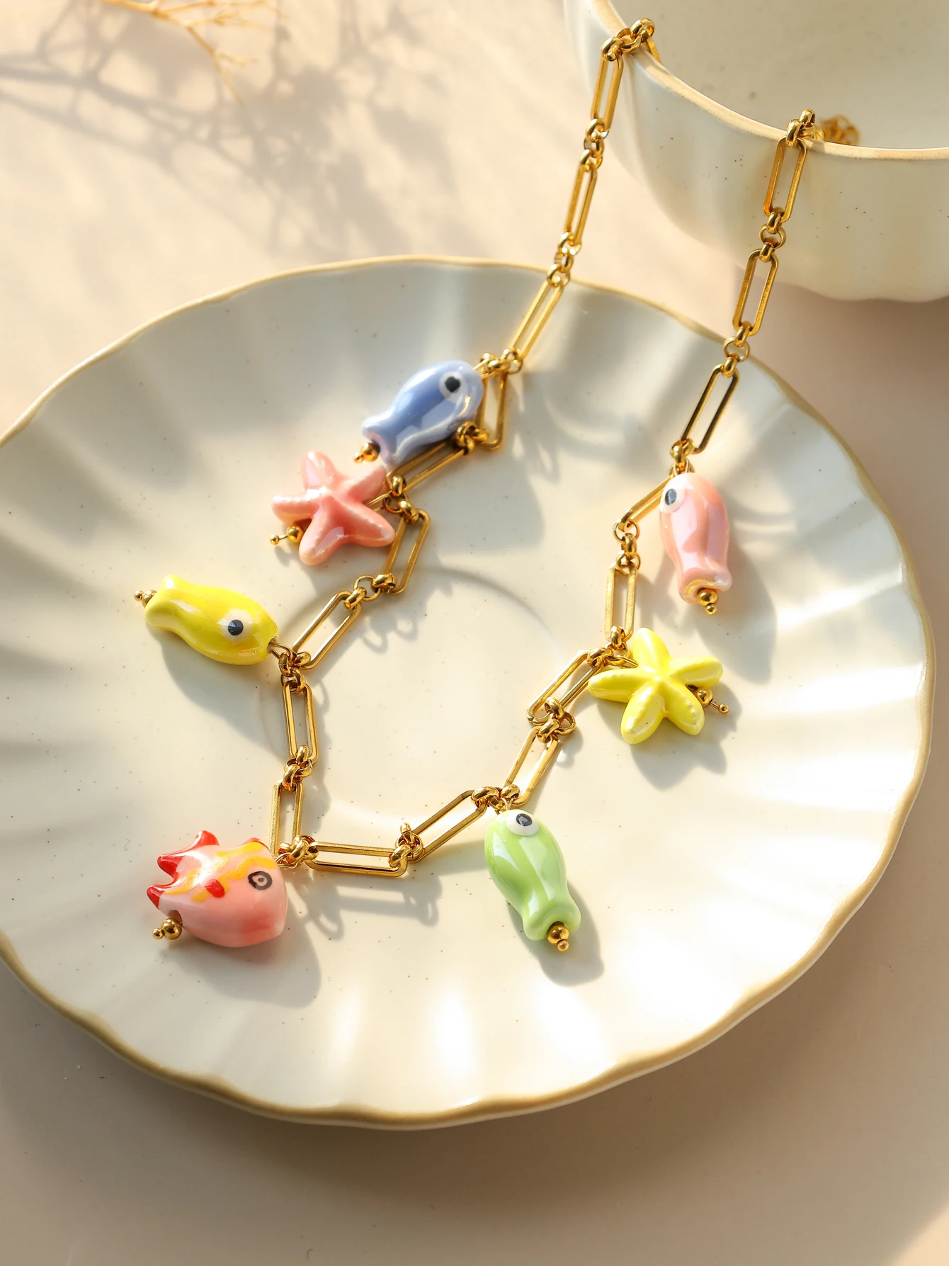 Fashion Stainless Steel Ceramic Starfish Fish Necklace for Women Girls Summer Beach Party Waterproof Popular Cute Jewelry