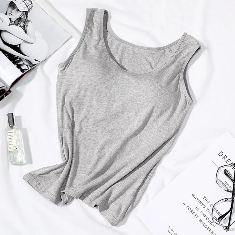 2023 Women's Vest Tops with Built In Bra Neck Vest Solid Color Padded Slim Fit Tank Tops Sexy Shirts Feminino Casual Tank Tops - Image 7