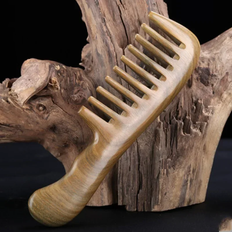 19cm Natural Green Sandalwood Comb Long Handle Electrostatic Wooden Comb for Curly & Straight Hair Anti-static Hairdressing Tool - Image 3