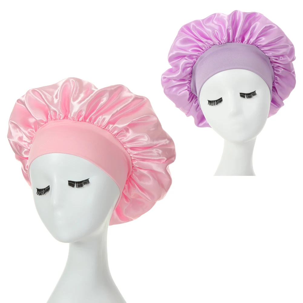 2PCS Milk Imitation Silk Wide Brim Satin Cloth Women's Hair Hat Bonnet Elastic Band Headwear bonnets for women - Image 8