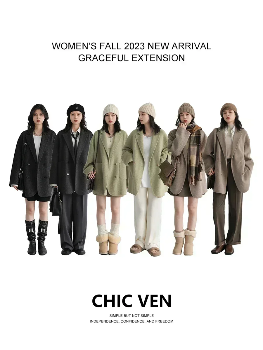 CHIC VEN Women's Woolen Coats Loose Casual Double Breasted Retro Double-sided Jacket Office Lady Outerwear Autumn Winter 2023 - Image 3