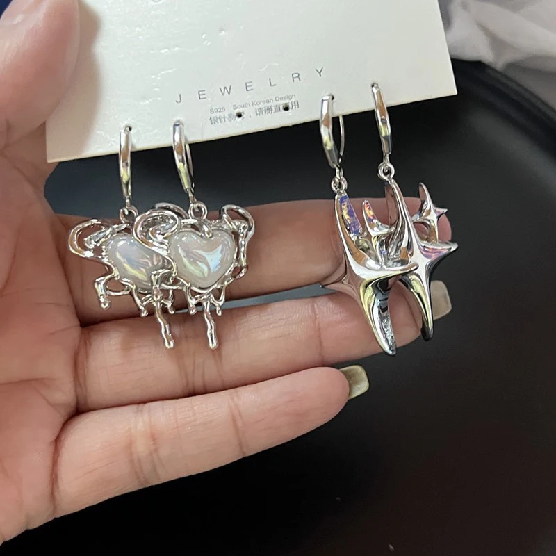 Simple Silver Color Star Earrings for Women Opal Stone Heart Hoop Earrings Punk Y2K Cute Daily Wear Jewelry Party Gifts - Image 2