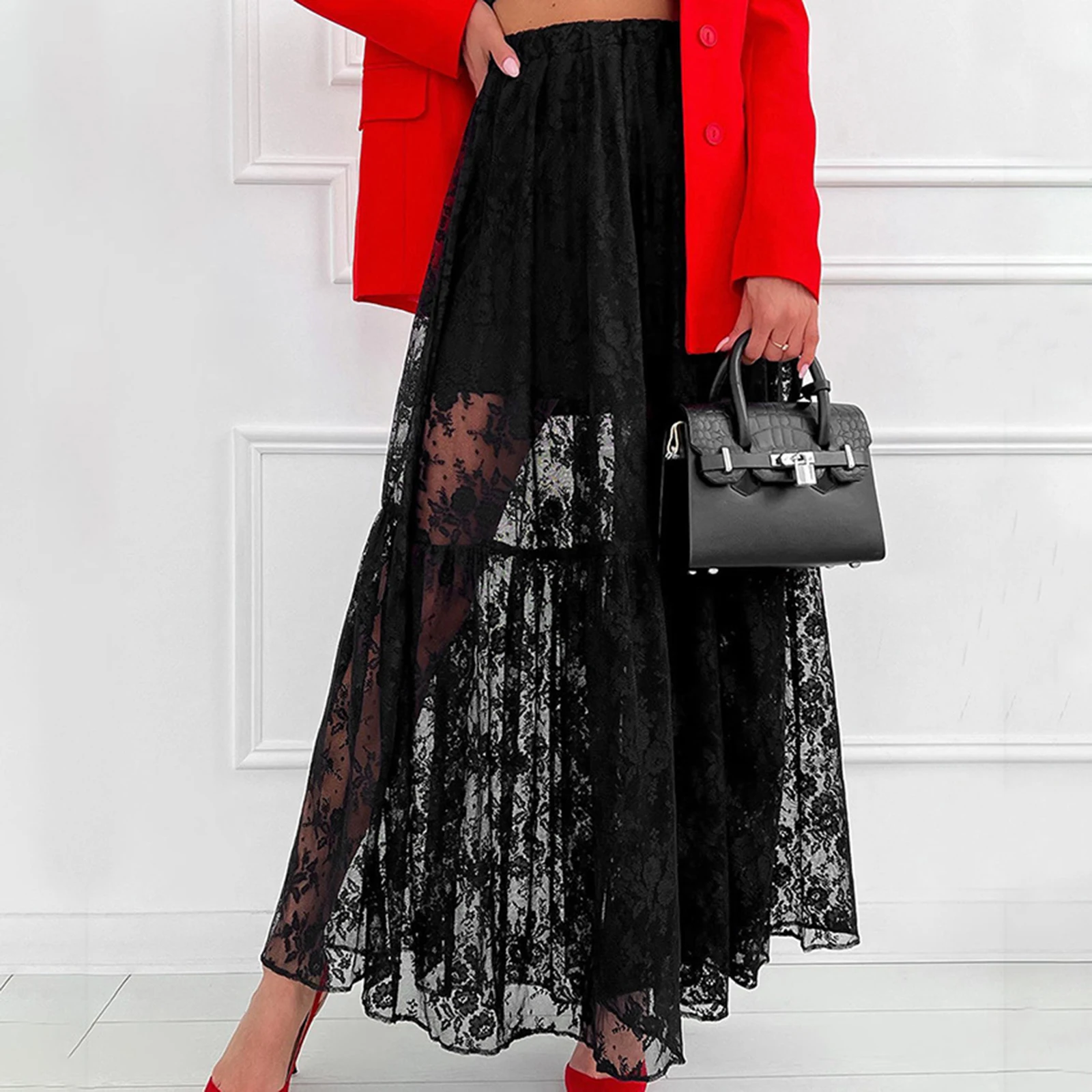 Women See-Through Lace A-Line Skirts Casual Summer Solid Color Elastic Waist Long Skirt for Beach Vacation Club - Image 4
