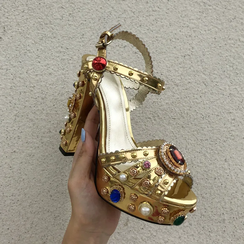 Women Chunky High Heels Shoes Platform Sandals For Women Rhinestone Metallic Gold Leather Shoes Woman Peep Toe Wedding Shoes - Image 2