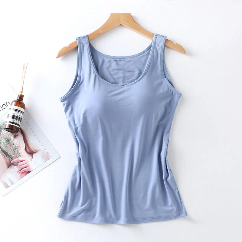 2023 Women's Vest Tops with Built In Bra Neck Vest Solid Color Padded Slim Fit Tank Tops Sexy Shirts Feminino Casual Tank Tops - Image 3