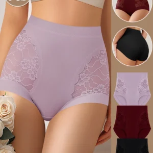 3pcs  Women's High-Waisted Briefs with Tummy Control & Breathable Nylon/Elastane Blend - Lace Trim, Solid Colors (Light