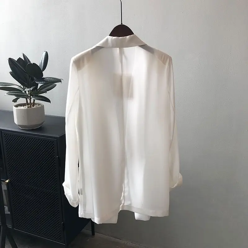 All-match Turn-down Collar Solid Color Pockets Button Chiffon Cardigan Shirt Coats Formal Women's Clothing Spring Summer Tops - Image 3