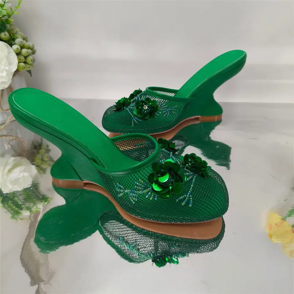 Fashion Women Summer Wedges Mesh Shoes For Woman's Flower Round Toe Slip-On Hollow High Heeled sandals Mujer Party Wedding Pumps - Image 5