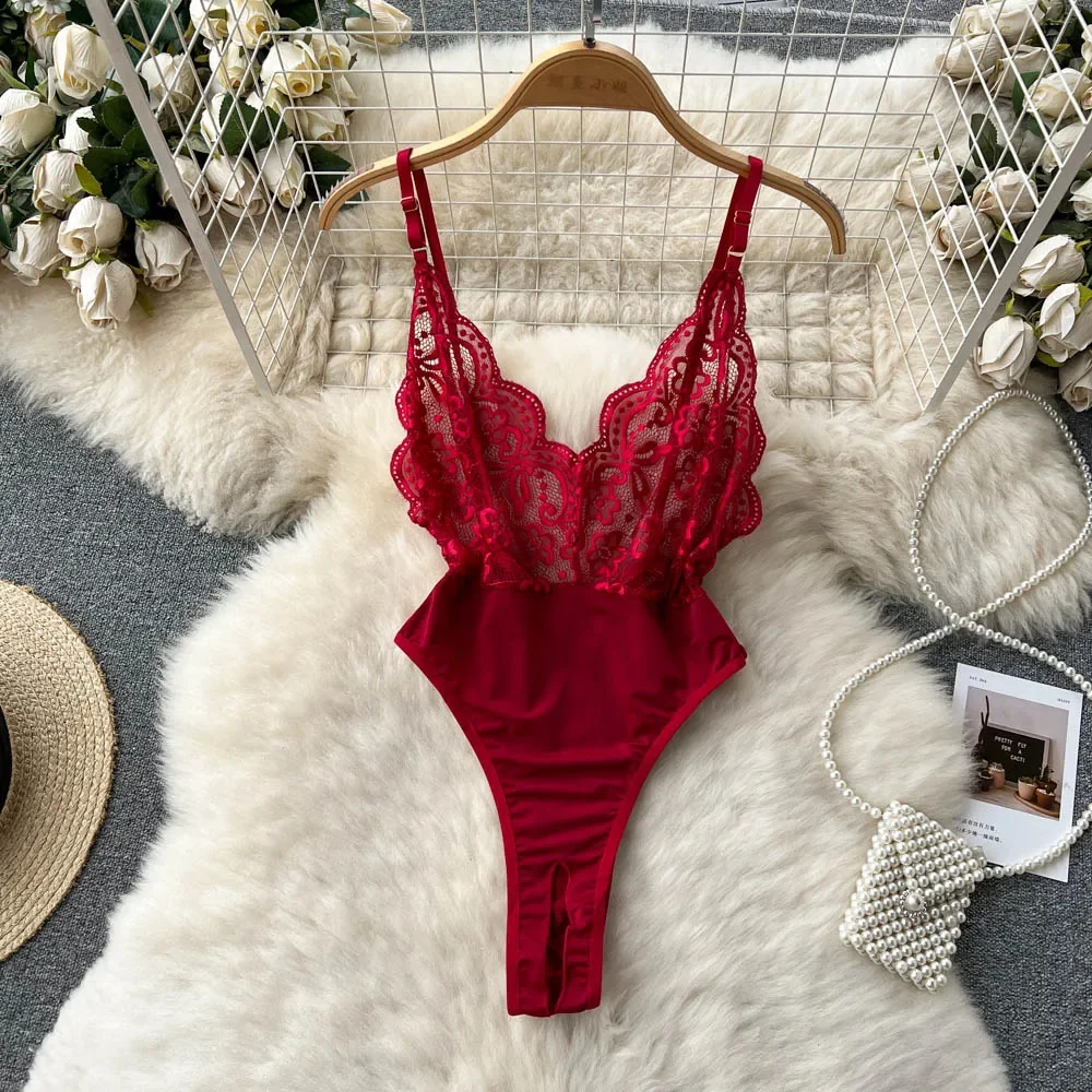 Women' Sexy Lace Camisole Slim Solid Color Sleeveless Bodysuit Erotic Lingerie V-Neck Ultra-Thin Pajamas Hollow Sheer Playsuit - Image 46
