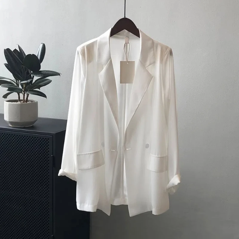 All-match Turn-down Collar Solid Color Pockets Button Chiffon Cardigan Shirt Coats Formal Women's Clothing Spring Summer Tops - Image 2