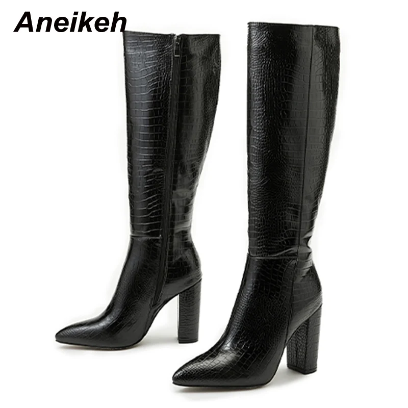 Aneikeh Pointed Thick Heels Knee Long Boots Women's 2025 Spring/Autumn Patent Leather Crocodile Pattern Panel Side Zipper Boots - Image 3